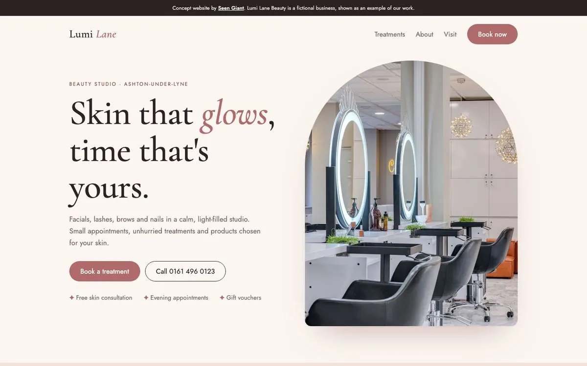 Homepage of the Lumi Lane Beauty concept website
