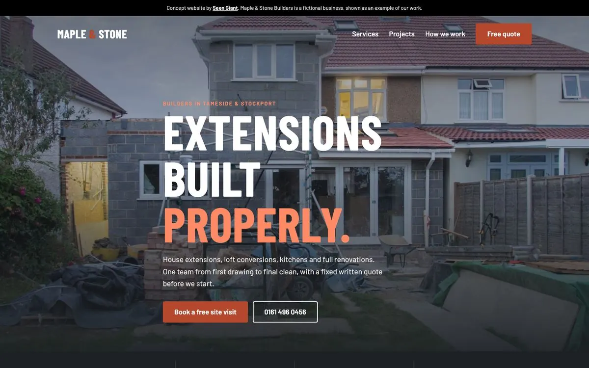 Homepage of the Maple & Stone Builders concept website
