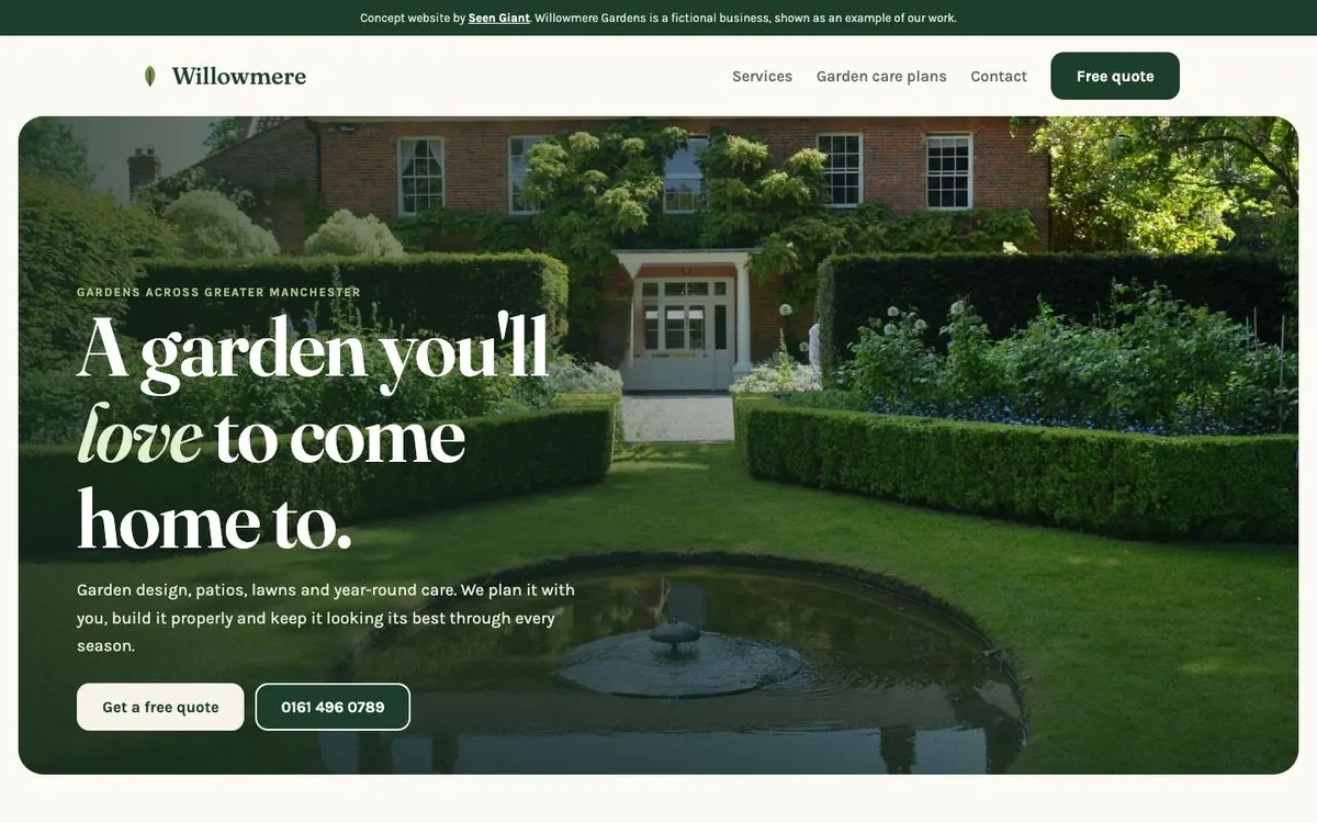 Homepage of the Willowmere Gardens concept website