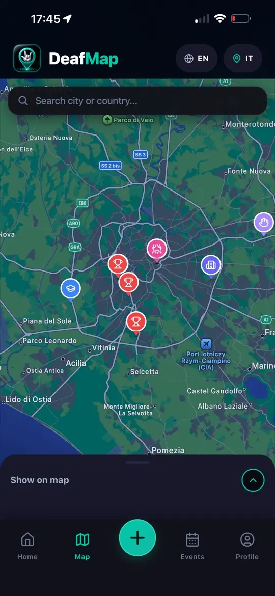 The DeafMap app showing a map of places in Rome