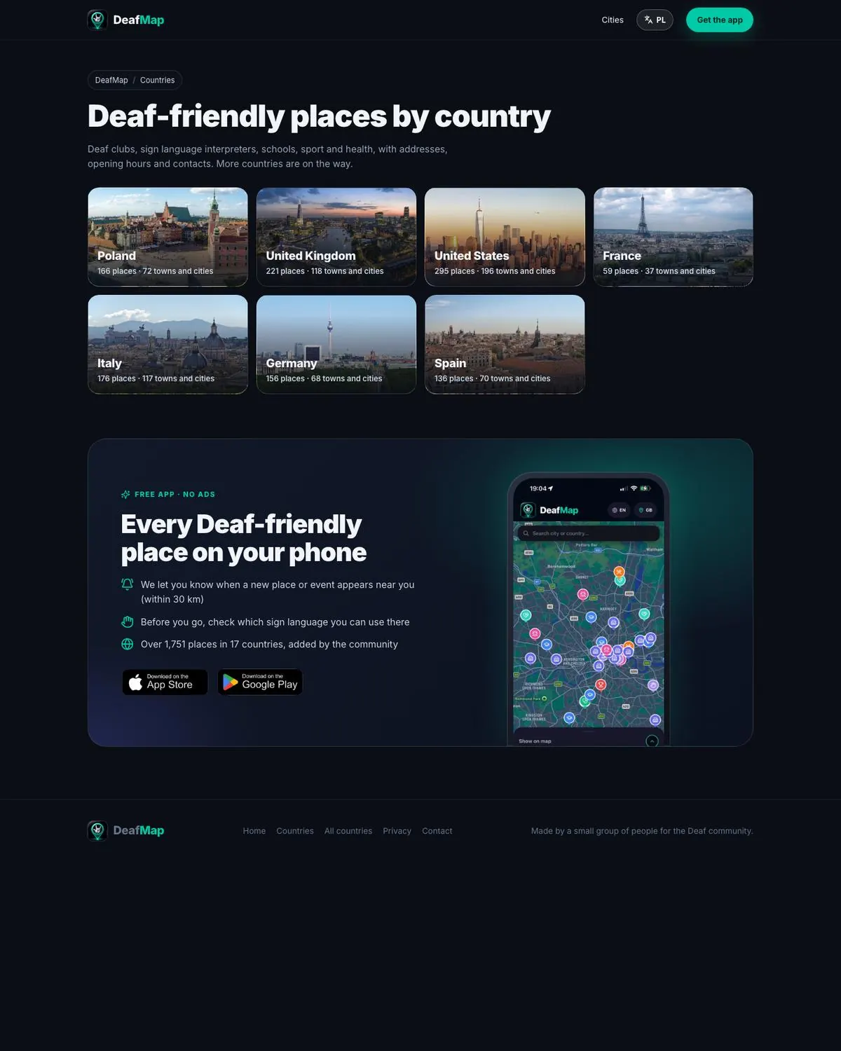 DeafMap page listing places by country