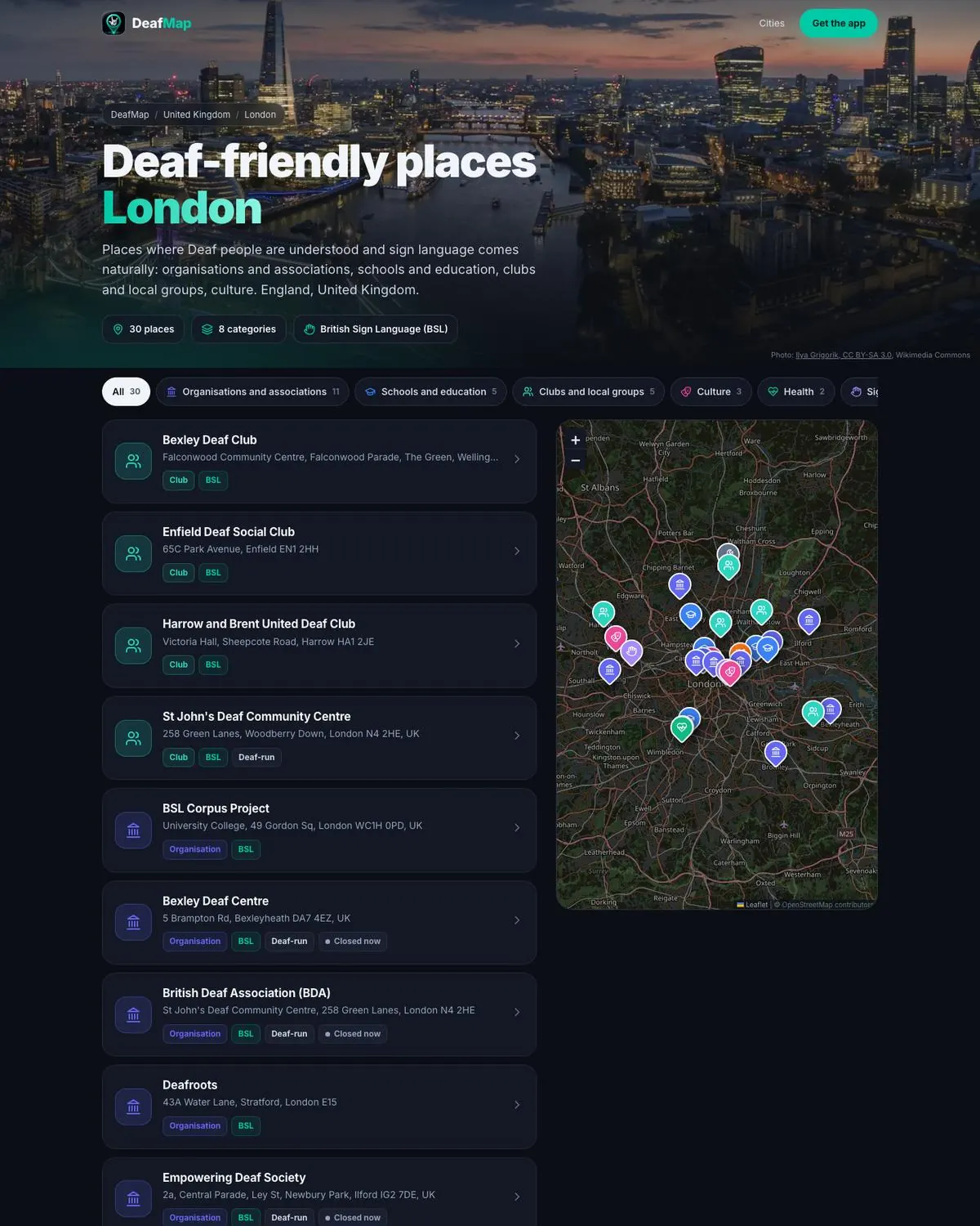 DeafMap page for London: places on a list and a map
