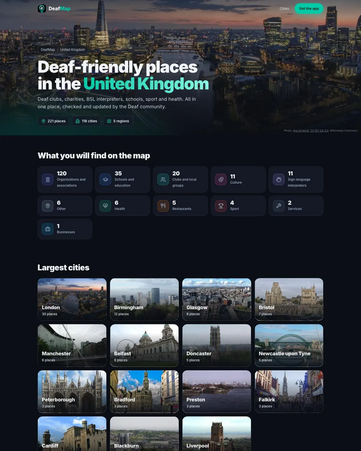 DeafMap page for the United Kingdom with the largest cities